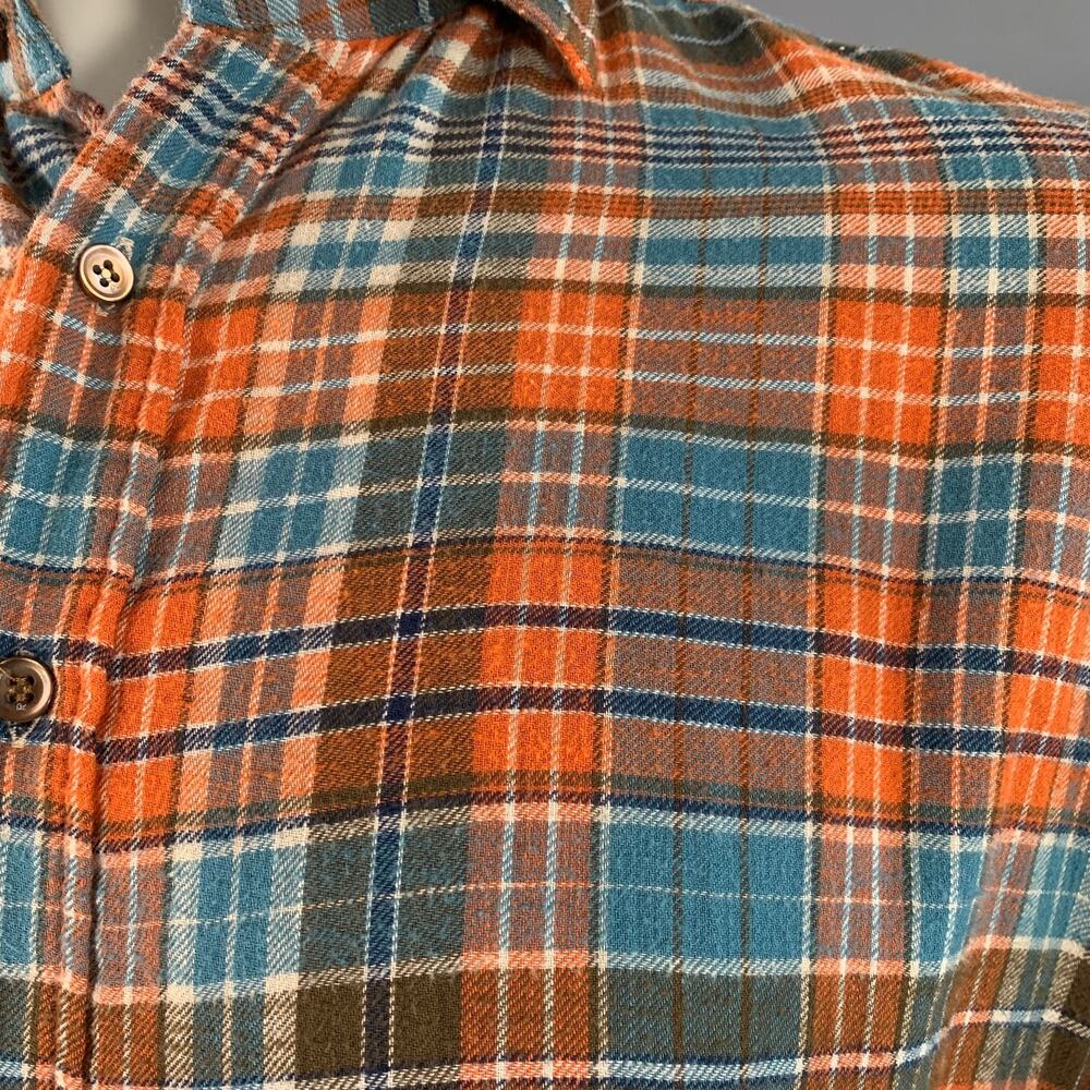 45rpm Size XL Blue Orange Plaid Cotton Curved Cutaway Flannel Long Sleeve Shirt - Picture 4 of 9
